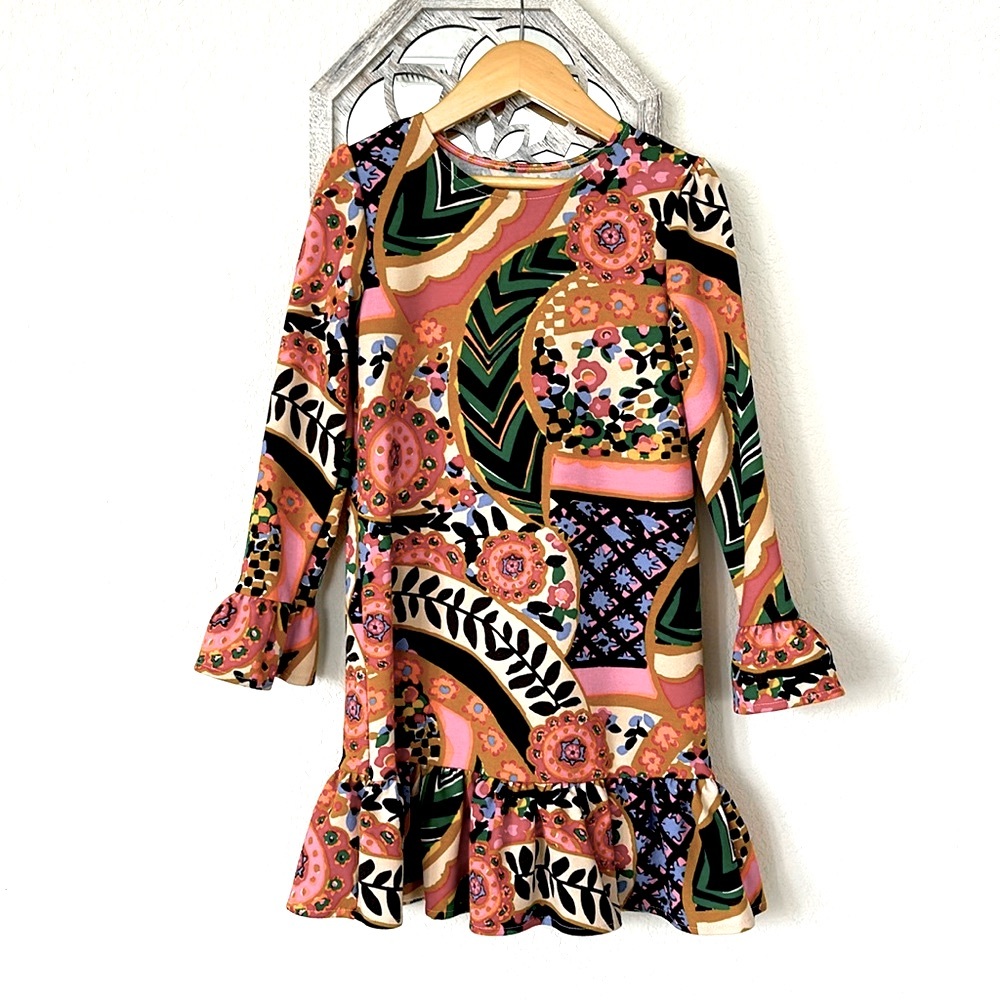 Lands End • Mixed Media Vibrant Pattern Long Sleeve Ruffle Girls Midi Dress